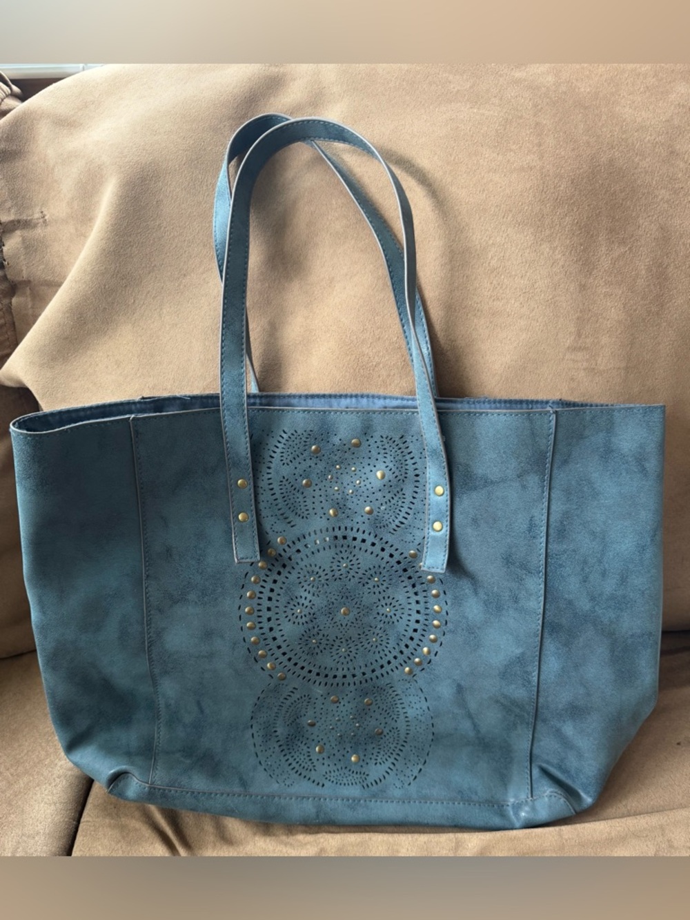 Blue Suede Tote Bag with Perforated Medallion Detail